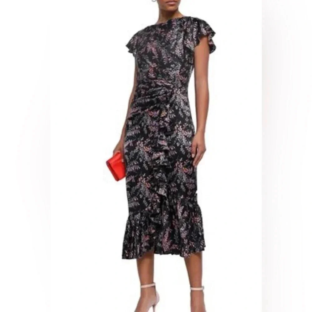 Cinq a Sept Nanon Silk Ruched Black Floral‎ Ruffle Midi Sheath Dress Size 4